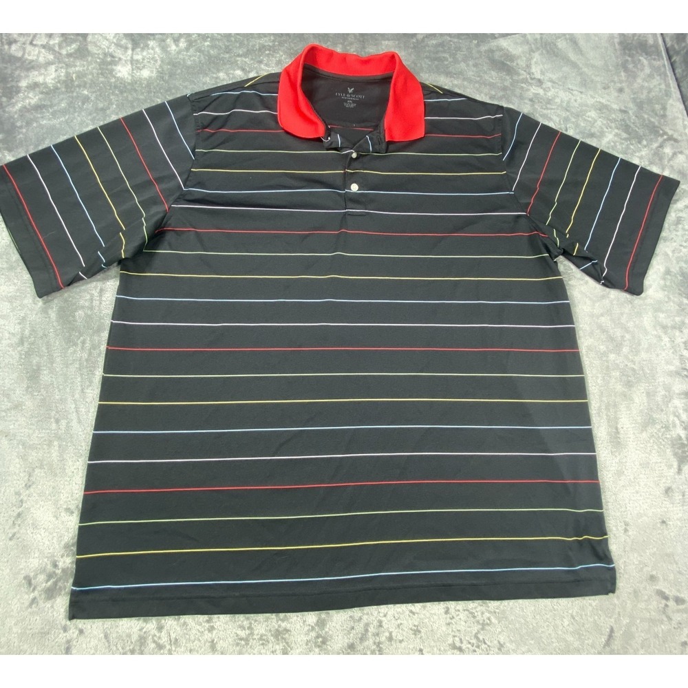 Lyle & Scott Polo Shirt Mens 2XLโ Black Performance Striped Red Collar Golf Wick
